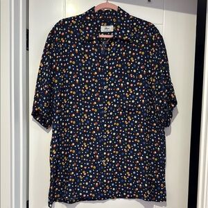 Brioni Navy Short Sleeve Button-Down Shirt with Multicolor Floral Print